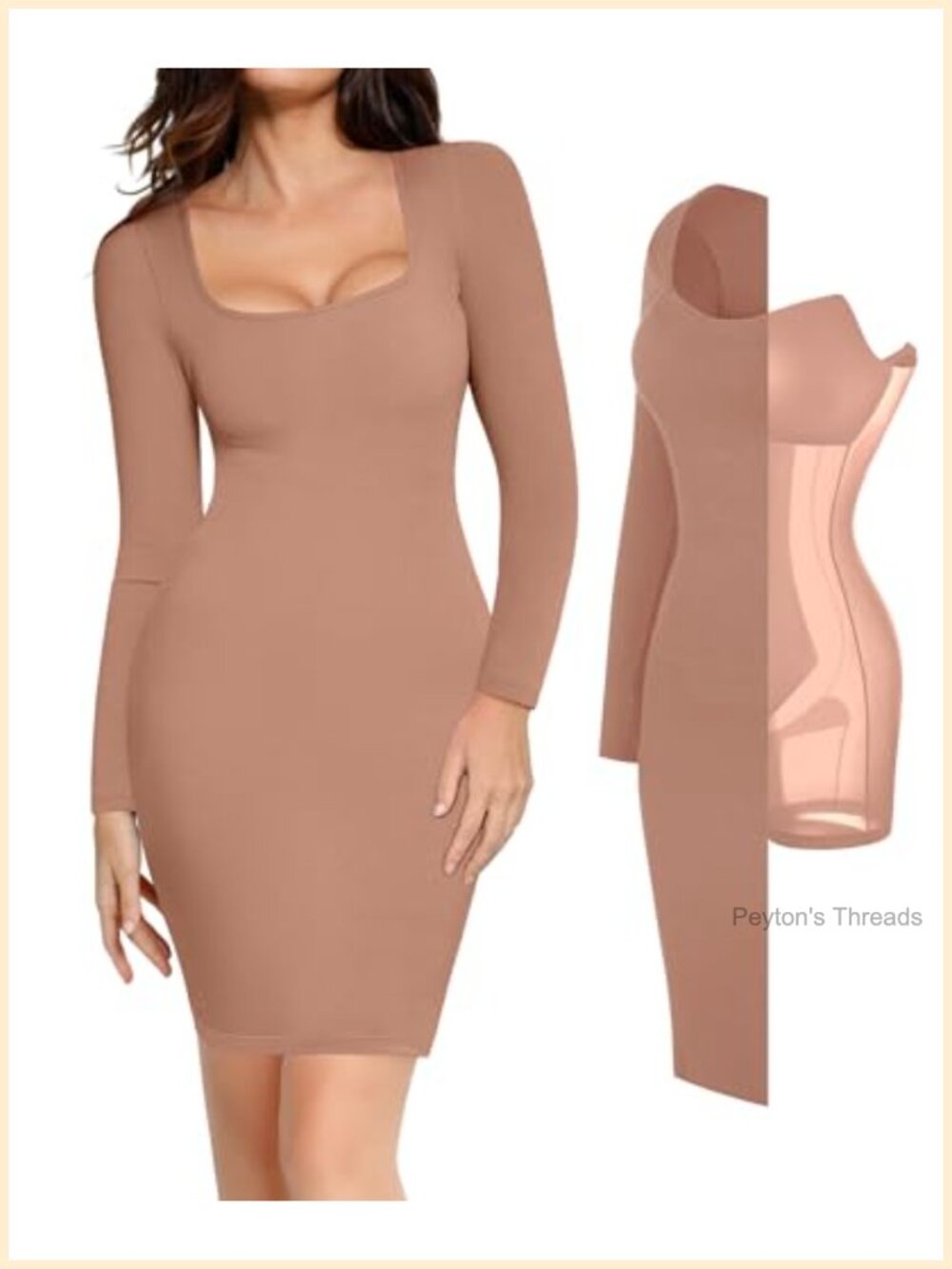 Popilush Long Sleeve Midi Dress with Built-in Bra Shapewear